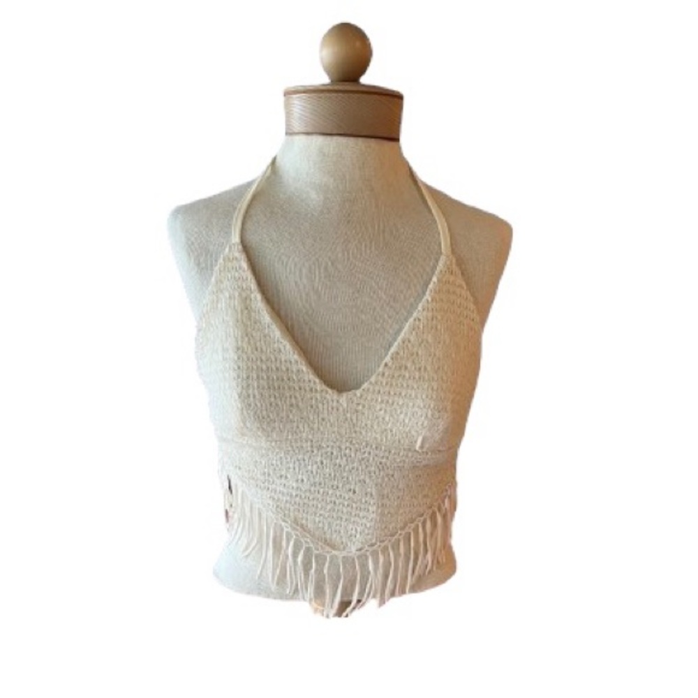 SHEIN Cream Fringe Halter Tank Top